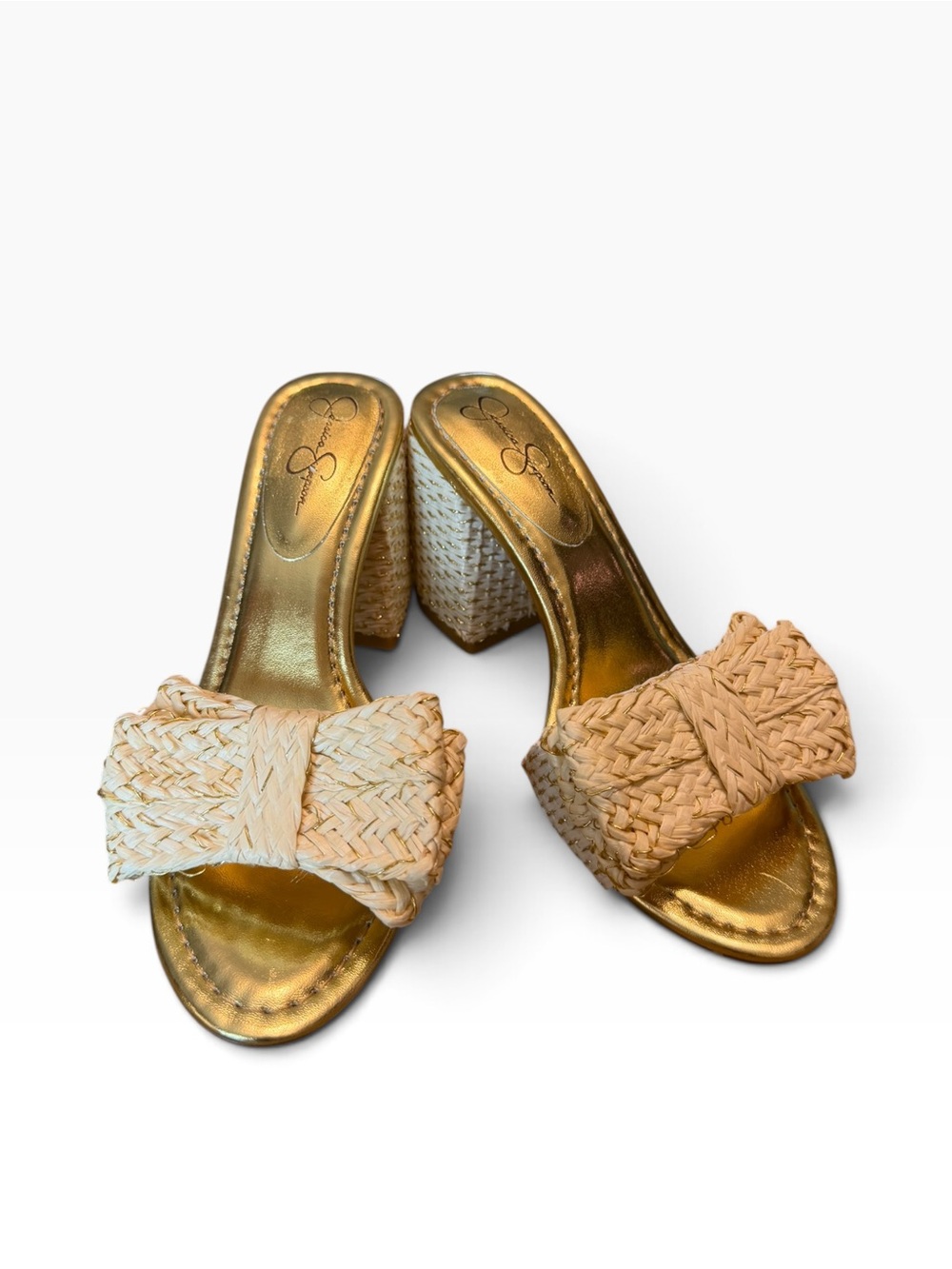 Jessica Simpson Raffia Bow Block Heel Sandals Gold 6.5 Coastal Resort NWOB